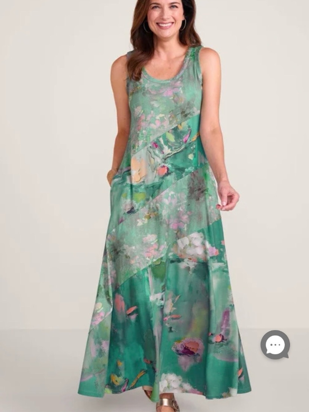 Soft Surroundings Green Floral Diagonal-Panel Maxi Dress